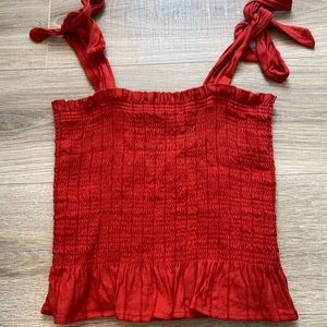 women’s red smocked tank top with tie straps!